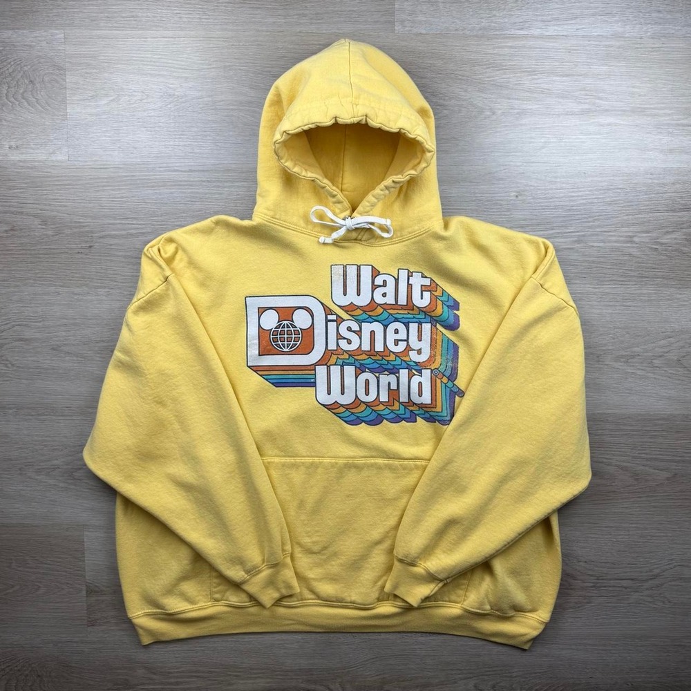 Walt Disney World Retro Rainbow Font Pullover Fleece Hoodie Yellow XXL